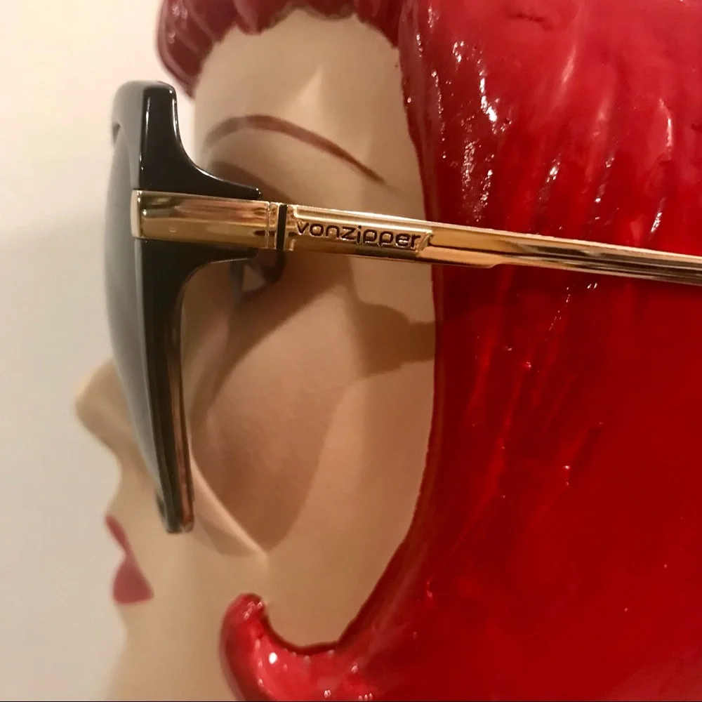 Von Zipper ‘Begonia’ black frame, yellow metal hinges oversized sunglass…